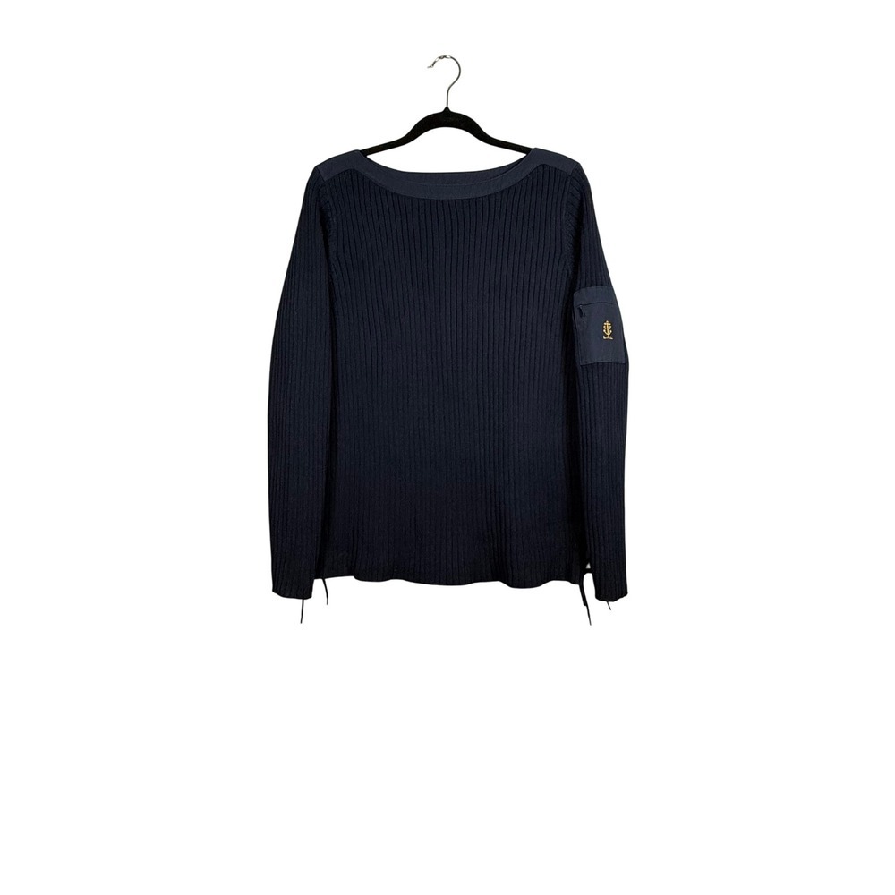 Lauren Ralph Lauren Navy Ribbed Boat Neck Sweater Anchor, Side Ties, Size 1X